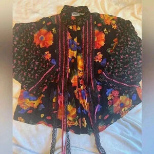 Vintage 90s Chico's Black Floral  Sheer Blouse, Lace Ribbon Accents Size 3